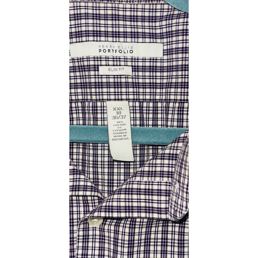 Perry Ellis Portfolio Slim Fit Shirt Long Sleeve Purple Plaid Men’s XXL 36/37 - Picture 3 of 6